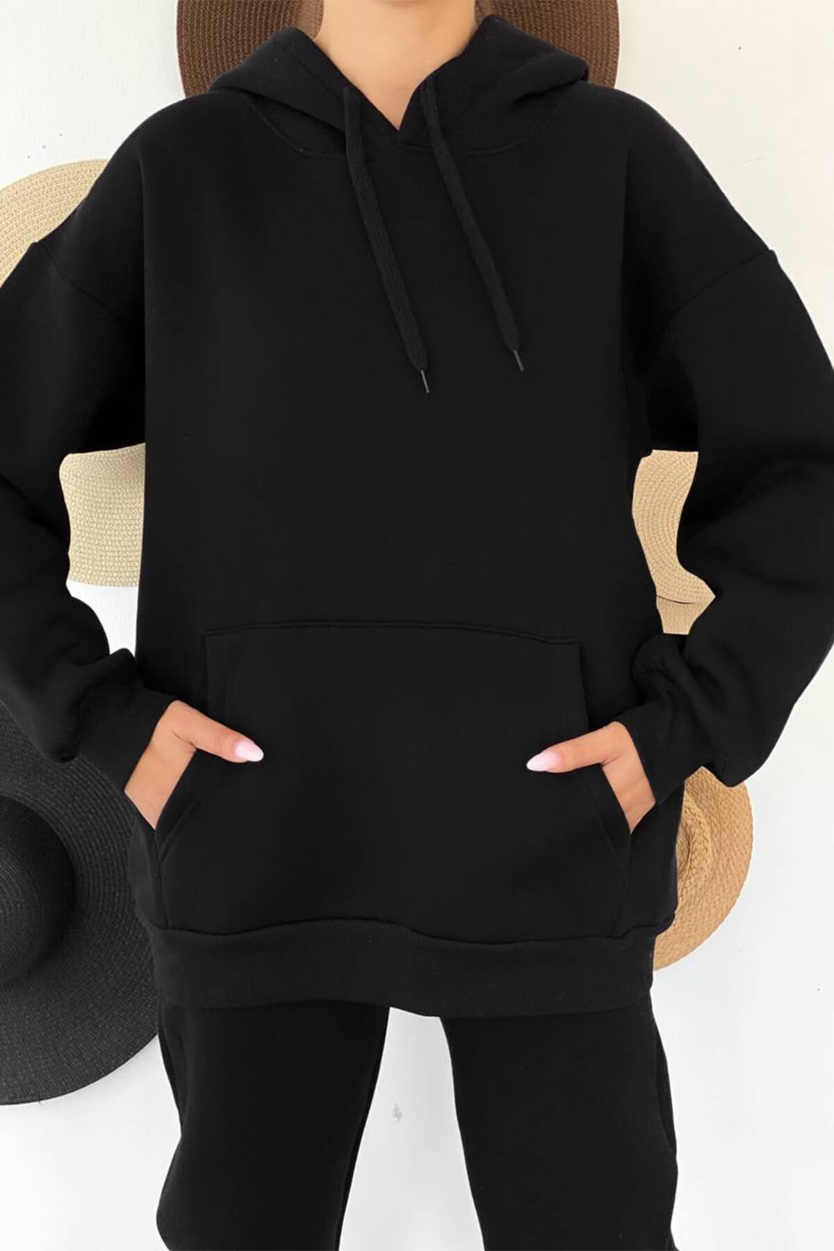 3 İplik Kapüşonlu Sweatshirt Siyah
